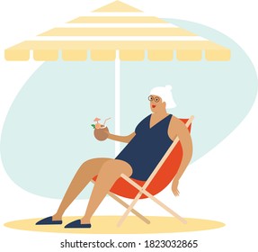 Old Senior Lady Enjoying A Coconut Cocktail On The Beach Under parasol. Carefree Retirement, Travel, Tropical Vacation, Summer Tourism Concept. Flat Vector Character