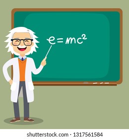 Old senior male science teacher teaching lesson in front of blackboard pointing at mass energy equivalence e=mc2 formula