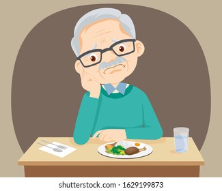 Old senior man Bored with food, Grandfather don't want to eat.Elderly bored eating