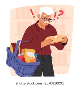 Old senior man buyer cartoon character choosing eggs checking freshness shelf life while doing shopping in supermarket vector illustration. Male retiree making purchases at grocery store on weekend