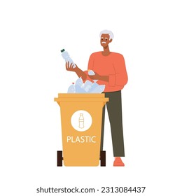 Old senior man cartoon character throwing out plastic bottle into special street trash can dumpster