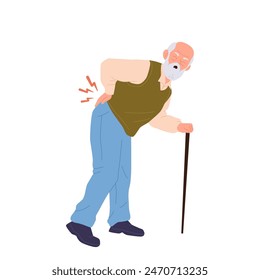 Old senior man cartoon character with cane stick suffering from strong rheumatic back pain