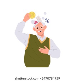Old senior man cartoon character filling open head with information about health medical insurance