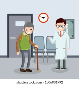 Old senior man in the doctor office in hospital. Happy grandparent. Cartoon flat illustration. Cute Grandfather. Providing medical care. Two character. Trauma patient