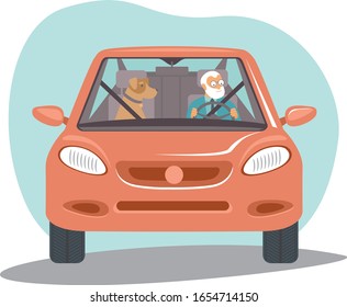 Old Senior Man Driving Car Her Dog Sitting Near Flat Vector Illustration