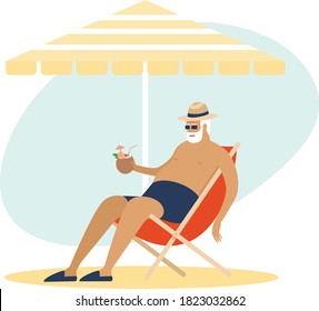 Un anciano que disfruta de un cóctel de coco bajo una sombrilla. dormir en una silla de playa. Retiro sin preocupaciones, viajes, vacaciones tropicales, concepto de turismo de verano. Carácter vector plano  