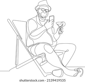 Old senior man enjoys a coconut cocktail under an umbrella, sleeps in a beach chair Carefree retirement, travel, tropical vacation, summer tourism concept. Vector illustration