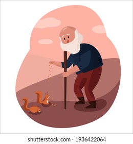 Old senior man. Flat style modern vector illustration isolated on white background. Cartoon illustrations vector. Old man feeding squirrels.Graybeard for a walk. Elderly person travels.