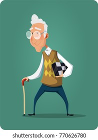 Old senior man in glasses standing and holds chessboard. Flat style modern vector illustration. Old age and pension, leisure concept.