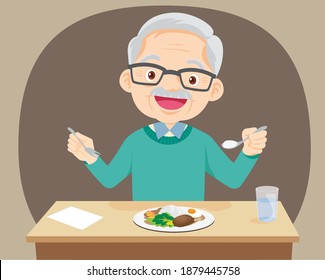 Old senior man happy eat food, Grandfather want to eat. Elderly eating, Healthy food concept for the elderly.