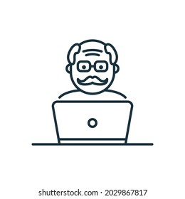 Old Senior Man Influencer Line Icon. Positive Retired Blogger Creating Content Linear Pictogram. Elder Person With Computer Outline Icon. Editable Stroke. Isolated Vector Illustration.