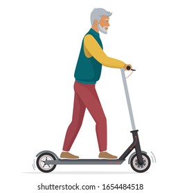 Old senior man on electric scooter flat vector illustration. Male pensioner cartoon character riding ecologically clean urban vehicle. Grandfather in casual clothes using modern personal transporter