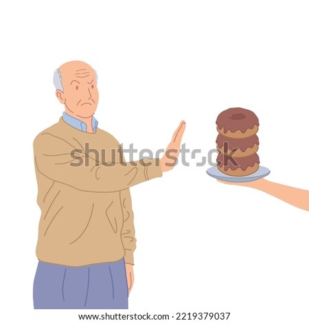 Old senior man refuse sweet foods hand drawn flat vector illustration.