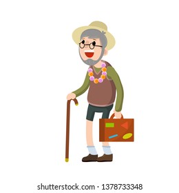 Old senior man in shorts and hat on vacation. Suitcase in hand for travel. Grandfather Traveler. Trip of a grandparent. Retirement. journey to the South. Cartoon flat illustration