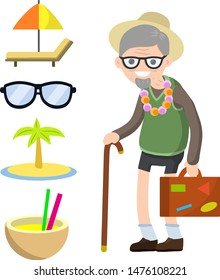 Old senior man in shorts and hat on vacation. Retirement. Cartoon flat illustration. Trip of grandparent. Grandfather Traveler. Chaise longue, sunglasses, palm, cocktail. Suitcase in hand for travel