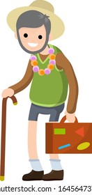 Old senior man in shorts and hat on vacation. Grandfather Traveler. Trip of grandparent. Retirement. journey to South. Cartoon flat illustration. Suitcase in hand for travel