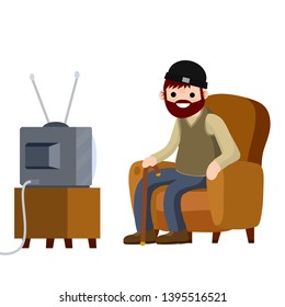 Old Senior man sitting in armchair and watching retro TV. Hobbies and pastime oldster. grandfather with a beard. Lifestyle of grandpa. Cartoon flat illustration