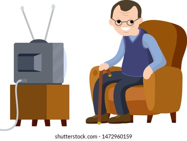 Old Senior man sitting in armchair and watching retro TV. grandfather with a beard. Lifestyle of grandpa. Cartoon flat illustration. Hobbies and pastime oldster