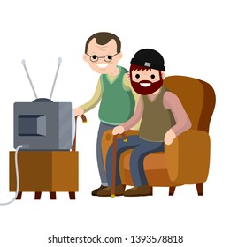 Old Senior man sitting to the couch and watching retro TV. Hobbies and pastime oldster. Two grandfathers with a beard and glasses in a nursing home. Lifestyle of grandpa. Cartoon flat illustration