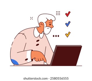 Old senior man taking test or examination online. Vector isolated flat cartoon character passing exam using laptop. Male personage studying and developing skills, granddad with computer