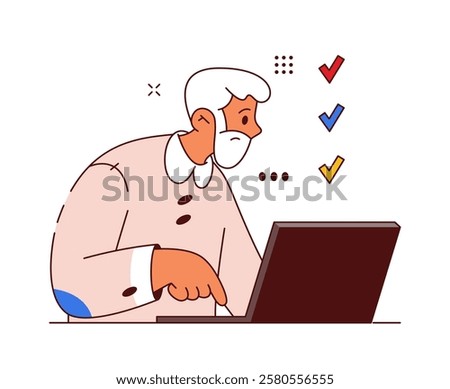 Old senior man taking test or examination online. Vector isolated flat cartoon character passing exam using laptop. Male personage studying and developing skills, granddad with computer