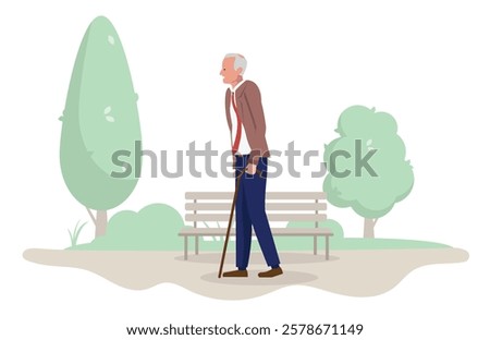 Old senior man walking in park outdoors - Elderly retired grandfather male person  with cane smiling and taking a walk in nature alone. Flat design vector illustration on white background
