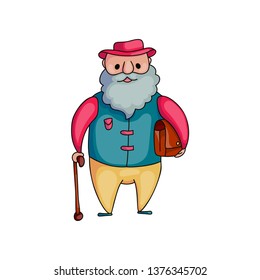 Old senior man with walking stick and leather bag