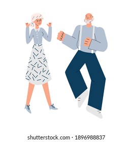 Old senior man and woman cartoon characters dancing together, sketch vector illustration isolated on white background. Positive elderly people enjoying retirement.