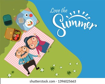 Old senior man and woman couples camping and having a picnic in green meadow Top view. vector illustration.