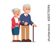 Old senior man and woman in glasses standing or walking together arm in arm. Aged grey haired couple. Flat style modern vector illustration isolated on white background.