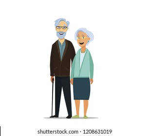 Old senior man and woman in glasses standing or walking together arm in arm. Aged grey haired couple. Flat style modern vector illustration isolated on white background.