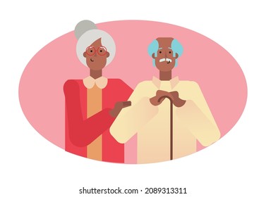 Old senior man and woman in glasses standing together in the oval shaped frame resembling a family album photo. Aged grey haired couple. Flat style modern vector illustration 