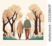 Old senior man and woman walking together. Grandparents together on walk at park in summer. grandmother with walker and grandfather cane among green field.