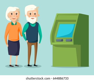 Old senior man and woman walking together in the bank ATM