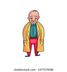 Old senior man with yellow coat in red pants