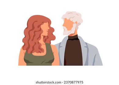 Old senior man and young woman look at each other. Love couple, family faces. People with age gap, communication, relationship concept. Flat graphic vector illustrations isolated on white background