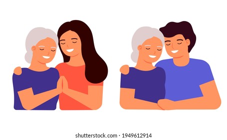 Old senior mother and adult son and daughter are hugging. Family love, taking care of grandmother. Mother s day concept. Family understanding, consent, support. Vector flat illustration