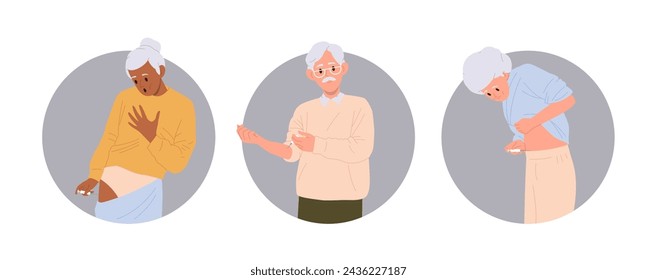 Old senior people character doing self-injection for chronic disease treatment round composition