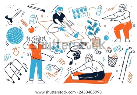 Old senior people characters doing sport workout at gym