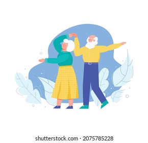 Old senior people dancing together, cartoon vector illustration isolated on white background. Decorative backdrop with elderly dancers characters and plant elements.