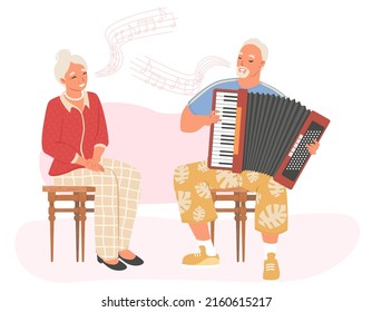 Old senior people singing vector illustration. Elderly man musician playing music on accordion and aged mature woman singer. Retired couple leisure entertainment