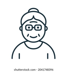 Old Senior Person Line Icon. Happy Elder Lady Linear Pictogram. Old Grandmother Outline Icon. Retirement Concept. Editable Stroke. Isolated Vector Illustration.