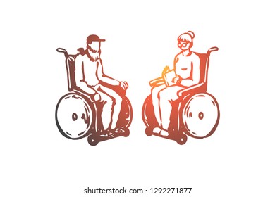 Old, senior, wheelchair, nursing, age concept. Hand drawn old couple in a nursing home on wheelchairs concept sketch. Isolated vector illustration.