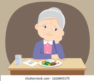 Old senior woman Bored with food, Grandmother don't want to eat.Elderly bored eating