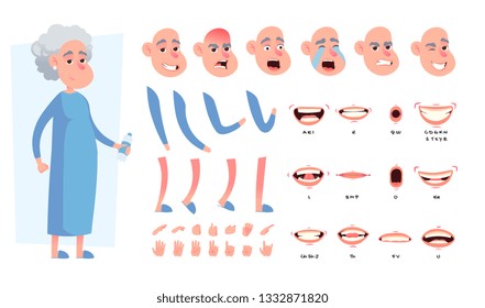 Old, Senior Woman Character Creation Set With Different Poses, Gestures, Emotions, Cartoon Vector Illustration On White Background.