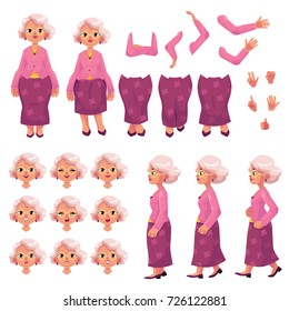 Vieja y anciana creación de personajes femeninos con diferentes poses, gestos, emociones, ilustración vectorial de caricatura sobre fondo blanco. Vieja preparada para la animación, grupo de creación de mujeres senior, constructor