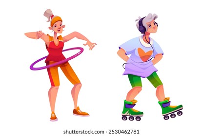 Old senior woman exercise for physical health. Elder people in gym. Happy grandmother with hoolahoop and rollers isolated collection. Elderly positive character. Lifestyle for strength and energy