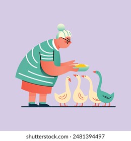 Old senior woman feeding geese, grandma with birds, cartoon flat character design. Vector illustration