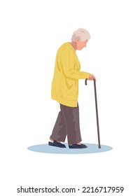 Old Senior Woman Grey Hair Walking With Stick Side View Vector Illustration.
