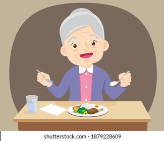 Old senior woman happy eat food, Grandmother want to eat. Elderly eating, Healthy food concept for the elderly.
